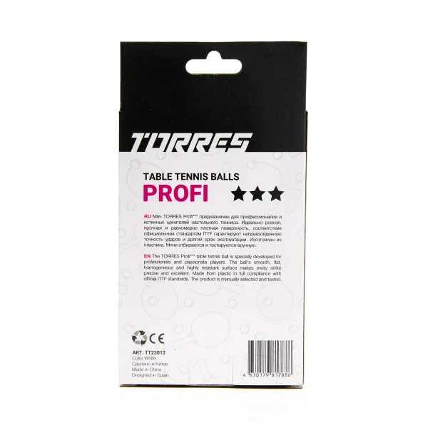 Мяч для наст. тенниса TORRES Profi 3*, TT23012, диам. 40+мм, упак. 6 шт, белый за 338.30 ₽ в Грозном